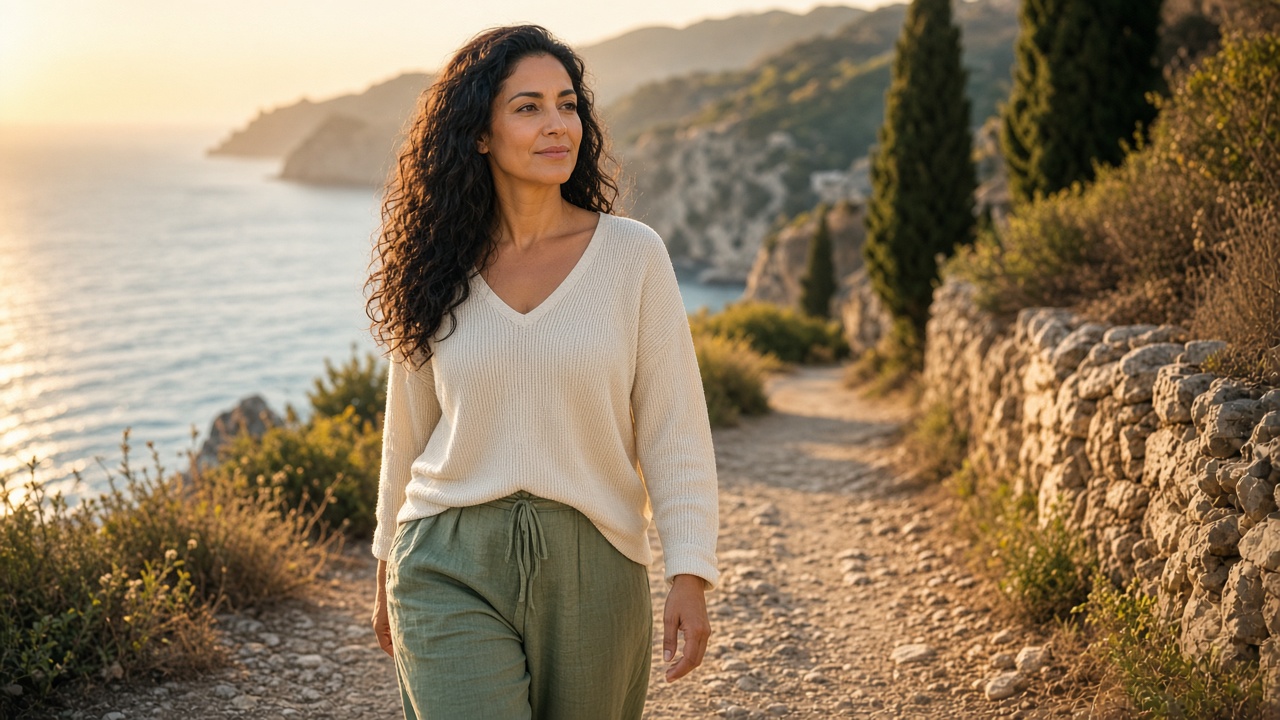 Woman walking a sunlit coastal trail, representing healthier daily routines in 2026